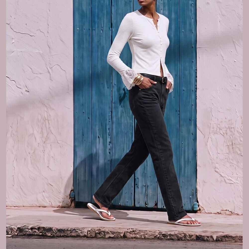 White Lace Cuff Button Front Slim Fit Knit Top